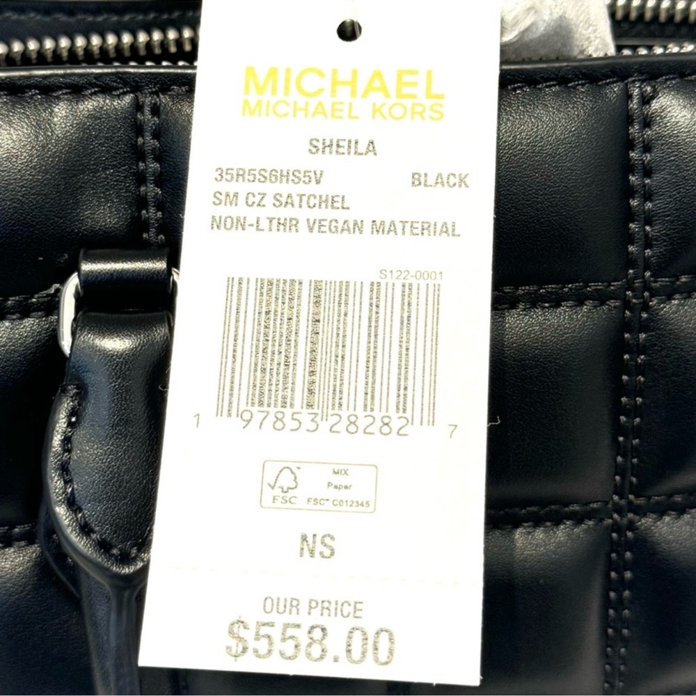 Michael Kors Small Quilted Sheila CZ Satchel Bag Vegan Material Black/Silver - Picture 6 of 6
